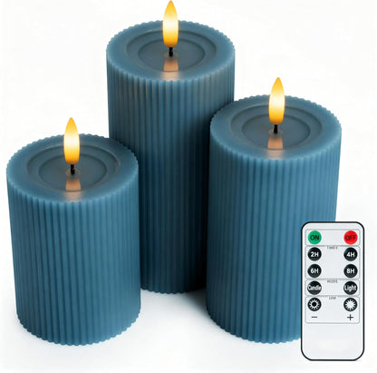 Ribbed Fluted Real Wax Flameless LED Pillar Candles, Loden Sage Olive Green, Melted-Wax Top Look, Flickering Flame, Battery Operated, Remote & Timer, Shelf & Wedding Decor (Set of 3)