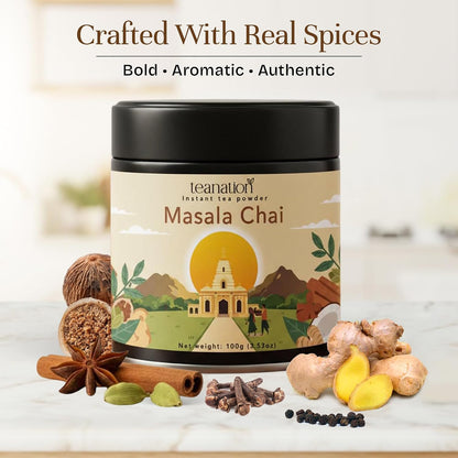 Tea Nation Masala Chai Instant Powder, 100g Chai Latte Mix – Spiced Black Tea Blend, Vegan, Gluten-Free, No Additives | Easy Chai Latte Coffee Alternative