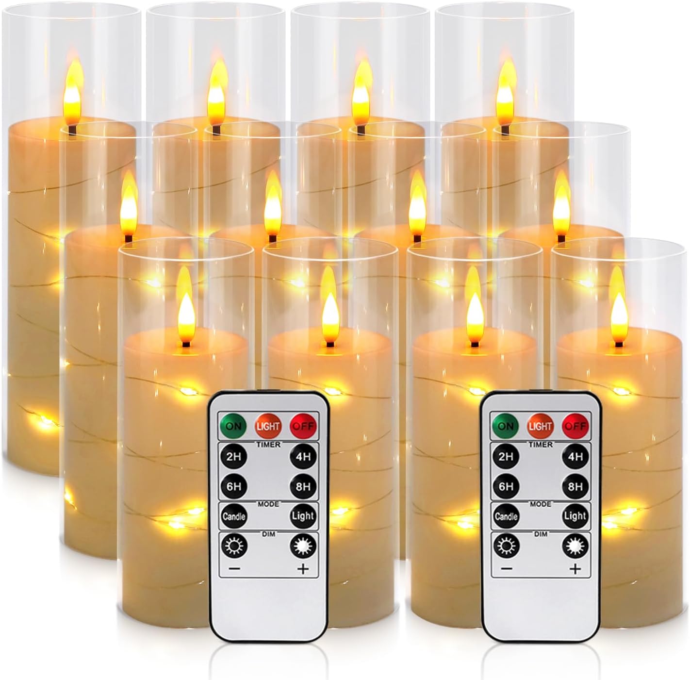 24 Pcs LED Flameless Candles with Remote, 3D Flickering Flame & LED String Lights, Acrylic Clear Cylinder, Timer Function, Romantic Ambience for Home Decor, Party, Wedding (Ivory).