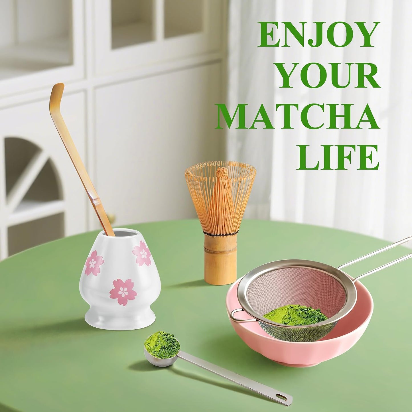 Matcha Whisk Set with Ceramic Bowl - Complete Matcha Making Kit, Bamboo Whisk (Chasen), Whisk Holder, Matcha Powder Sifter, Scoop, Japanese Tea Ceremony Tools（Green）