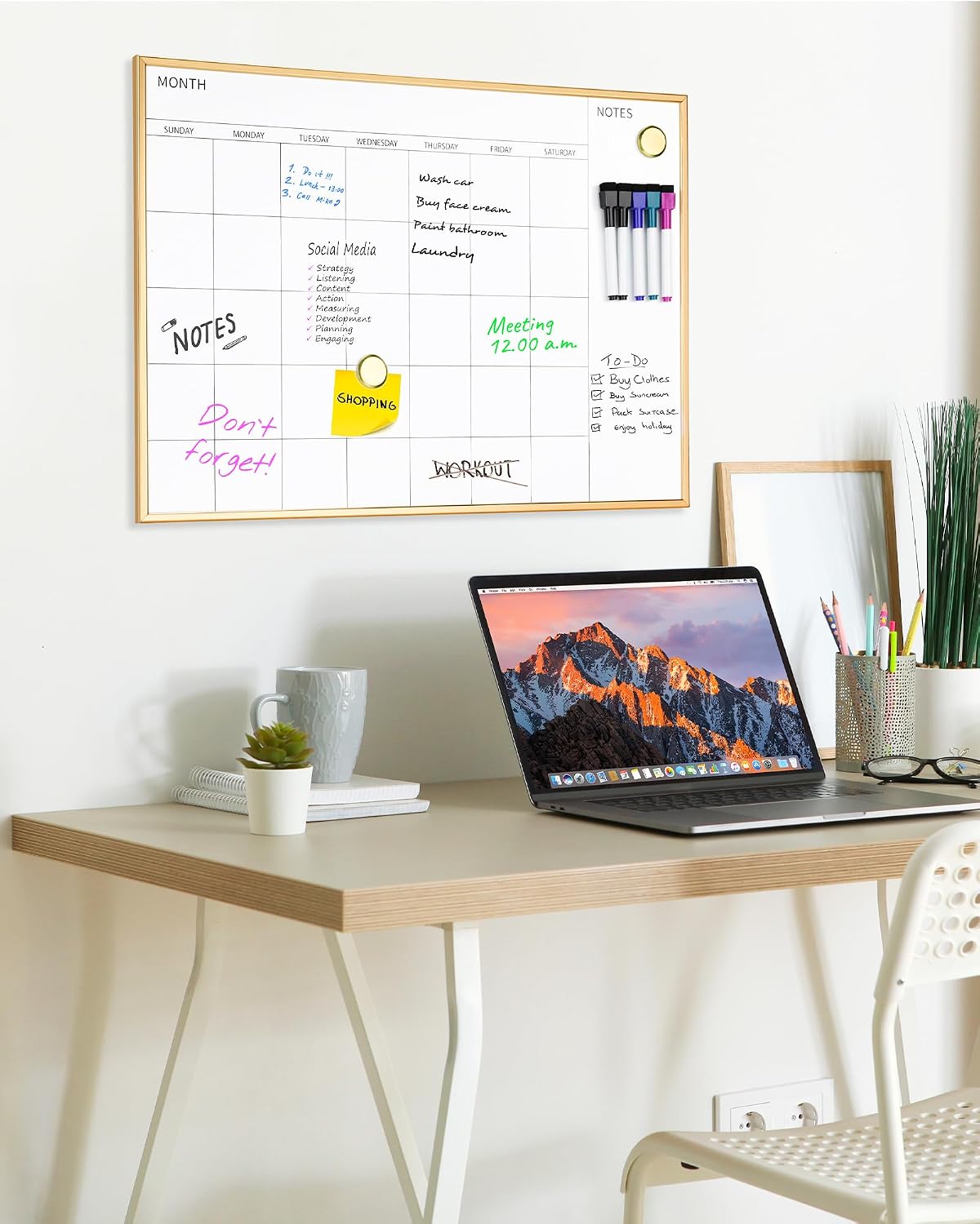 Magnetic Monthly Calendar Whiteboard, 17'' x 13'' Dry Erase Calendar for Wall Office School Home, Gold Wooden Frame