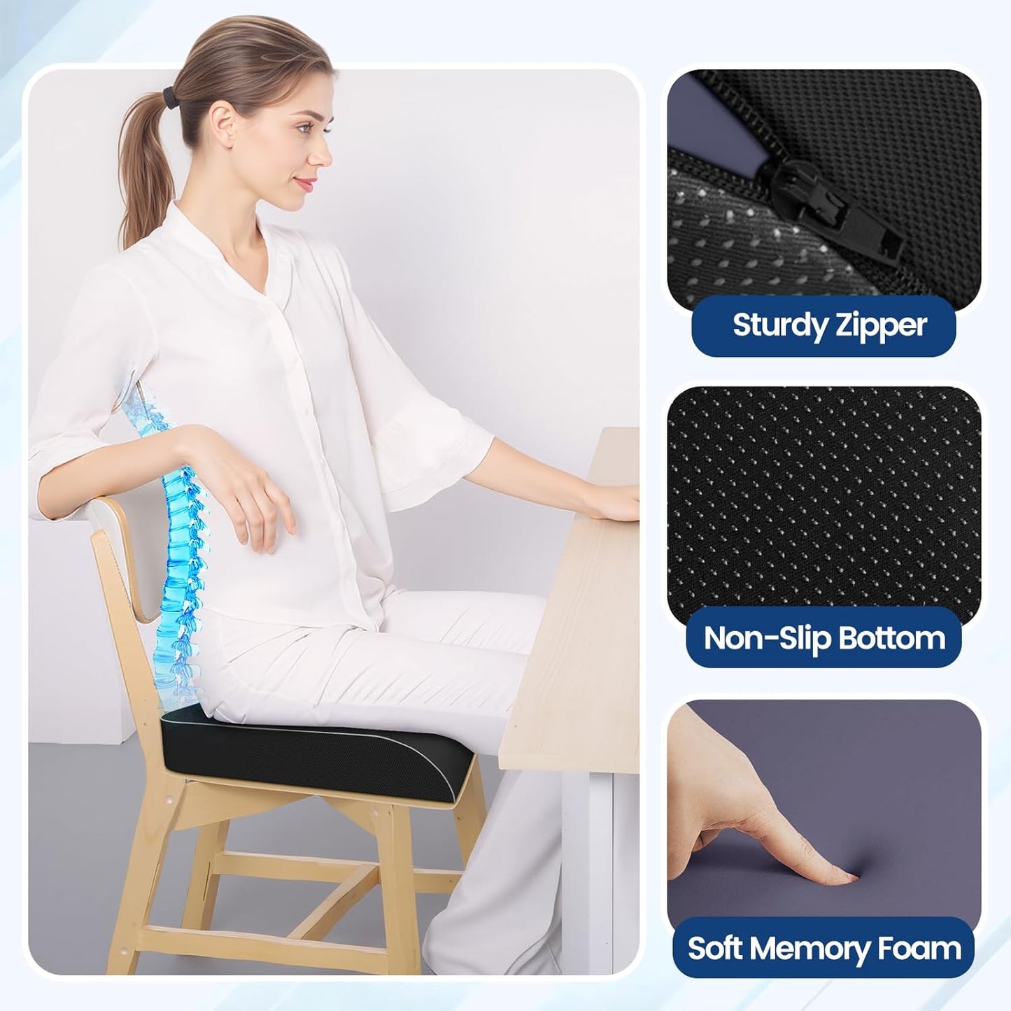 SweetSlubr Seat Cushion for Tailbone Pain Relief, Office Chair Cushion, Chair Pad, Memory Foam Large Cushion with Non-Slip Cover for Soft Support at Office Chair, Car Seat, Airplane, Black/Large