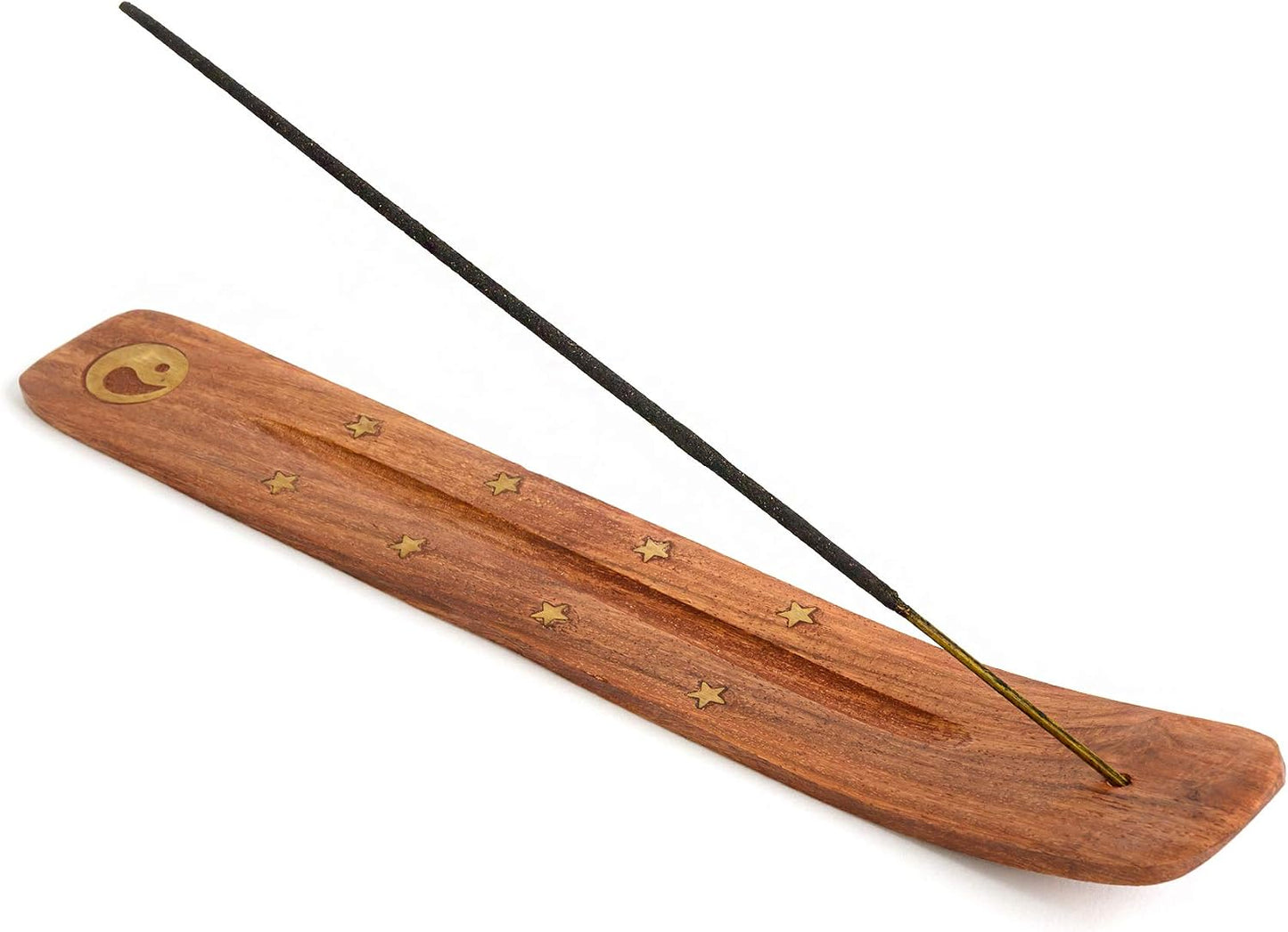 Wooden Incense Holder for Sticks with Inlays of Brass Crescent Moon 10 inches Long