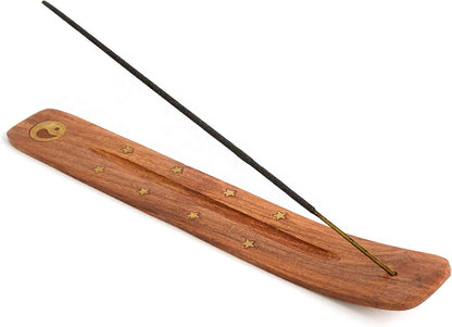 Wooden Incense Holder for Sticks with Inlays of Brass Crescent Moon 10 inches Long