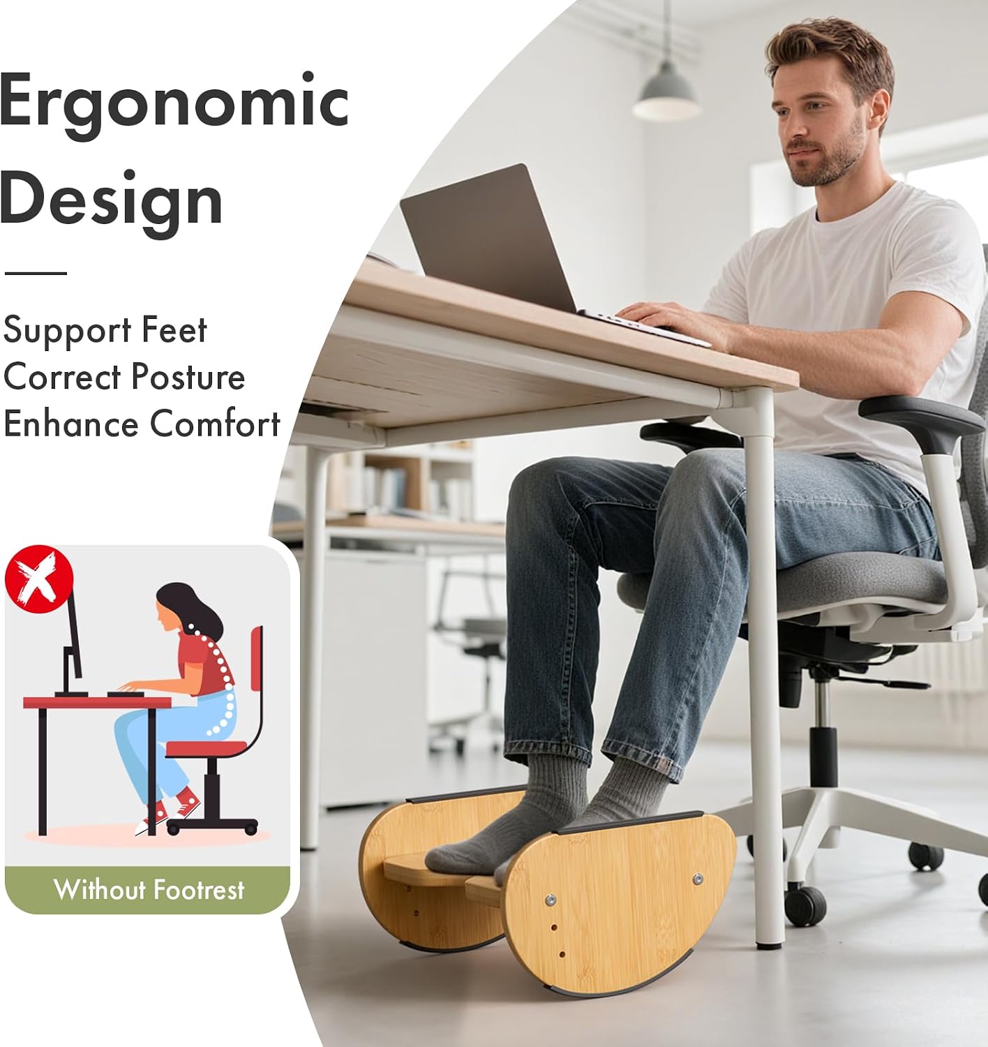 Amazer Bamboo Under Desk Footrest with Cushion 3-in-1, Reversible Ergonomic Wood Rocking Foot Rest for Under Desk at Work, Adjustable Foot Stools with Washable Cover, Desk Leg Rest for Home Office