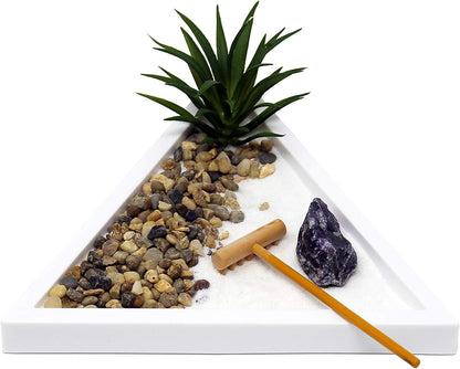 Nature's Mark Mini Zen Garden Kit for Desk with White Sand, Rake, White Base, Salt Rock and Air Plant (Round)