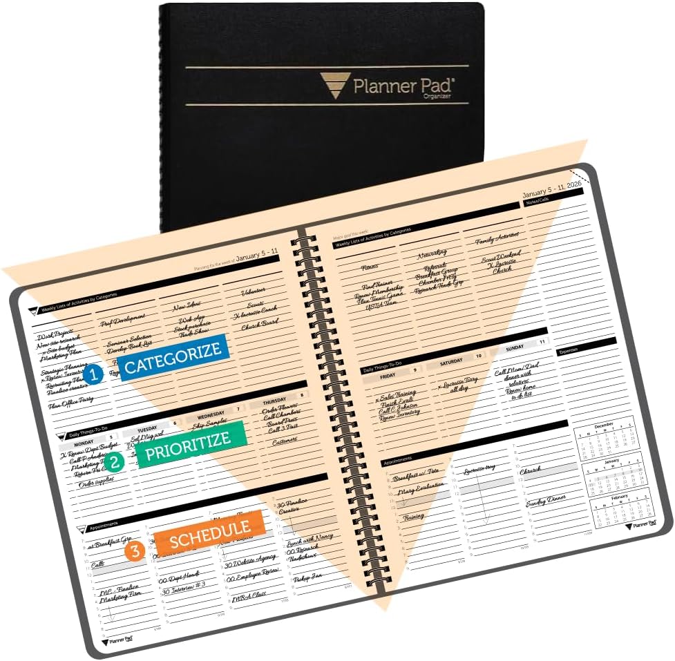 Planner Pad Spiral Bound July 2026 – June 2027 / Academic Year 8 1/2" x 11" Large 3-Tier Funnel Down 12 Month/Weekly Size Organizer, Greenish Grey Cover/Soft Green Ink