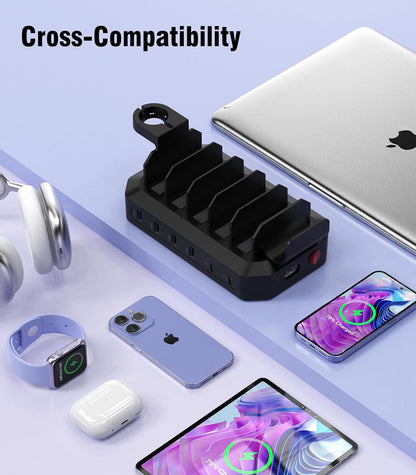 95W USB Charging Station for Multiple Devices 6-Port Charger Organizer Dock
