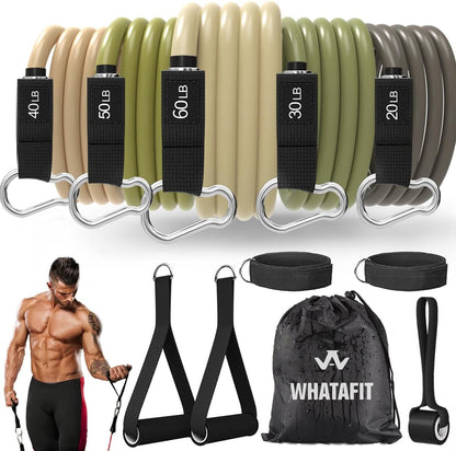 WHATAFIT Resistance Bands, Exercise Bands, Workout Bands with Handles, Door Anchor and Ankle Straps, 5 Resistance Levels Fitness Bands for Strength Training, Physical Therapy, and Home Gym Equipment