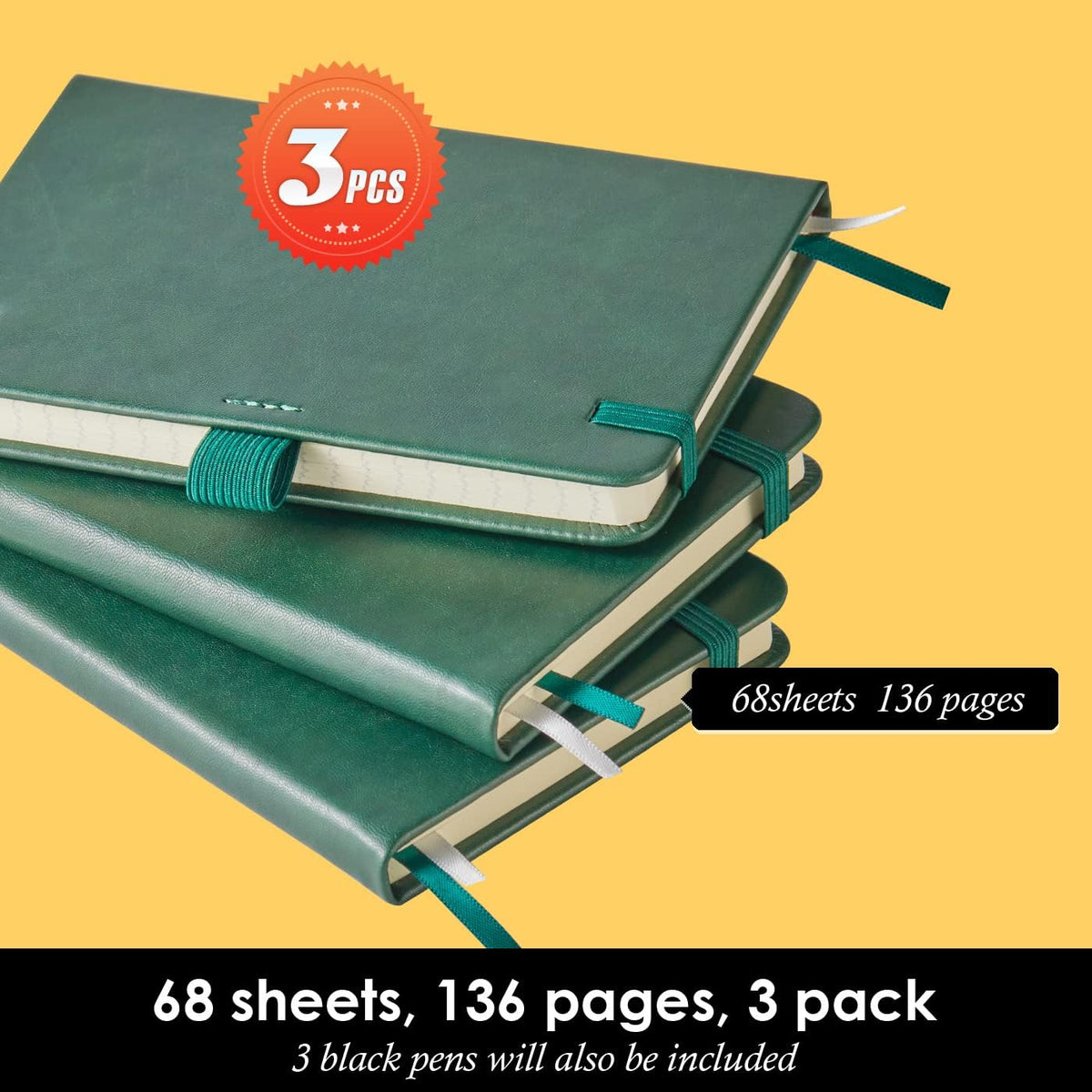 Small Notebook Pocket Journal, A6 3.7" x 5.7", 3 Pack, Black Leather Cover