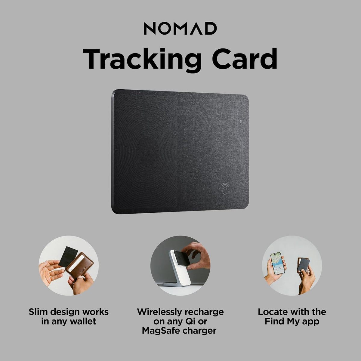 Nomad Tracking Card Carbide, Slim Card Tracker with IPX7 Waterproof and Dust Proof Card Tracker for Wallet & Luggage, 5 Months GPS Tracker Long Battery Life, Rechargeable, Compatible with iOS Only