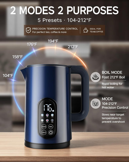 Electric Kettle with Temperature Control, 1.7L Hot Water Kettle for Tea, Coffee & Daily Use, 5 Presets, 2H Keep Warm, Stainless Steel Interior, Auto Shut-Off, Cordless Electric Tea Kettle, Blue