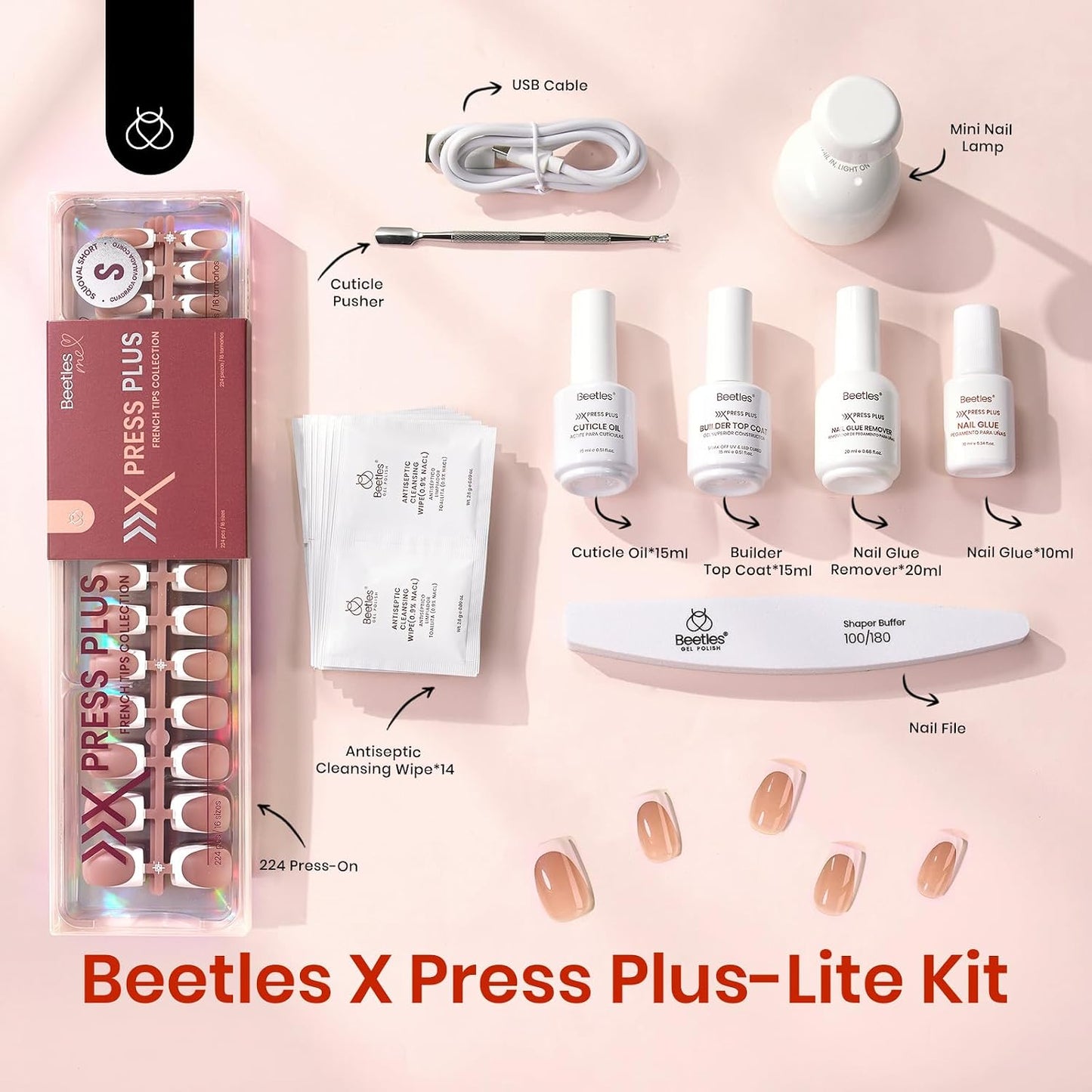 Beetles Press On Nail Kit-Short Square French Tip Press On Nails, 150Pcs Pink French Nail Tips with Nail Glue & Remover Builder Top Coat Nail Lamp, All-in-One DIY Fake Nails Gift for Women