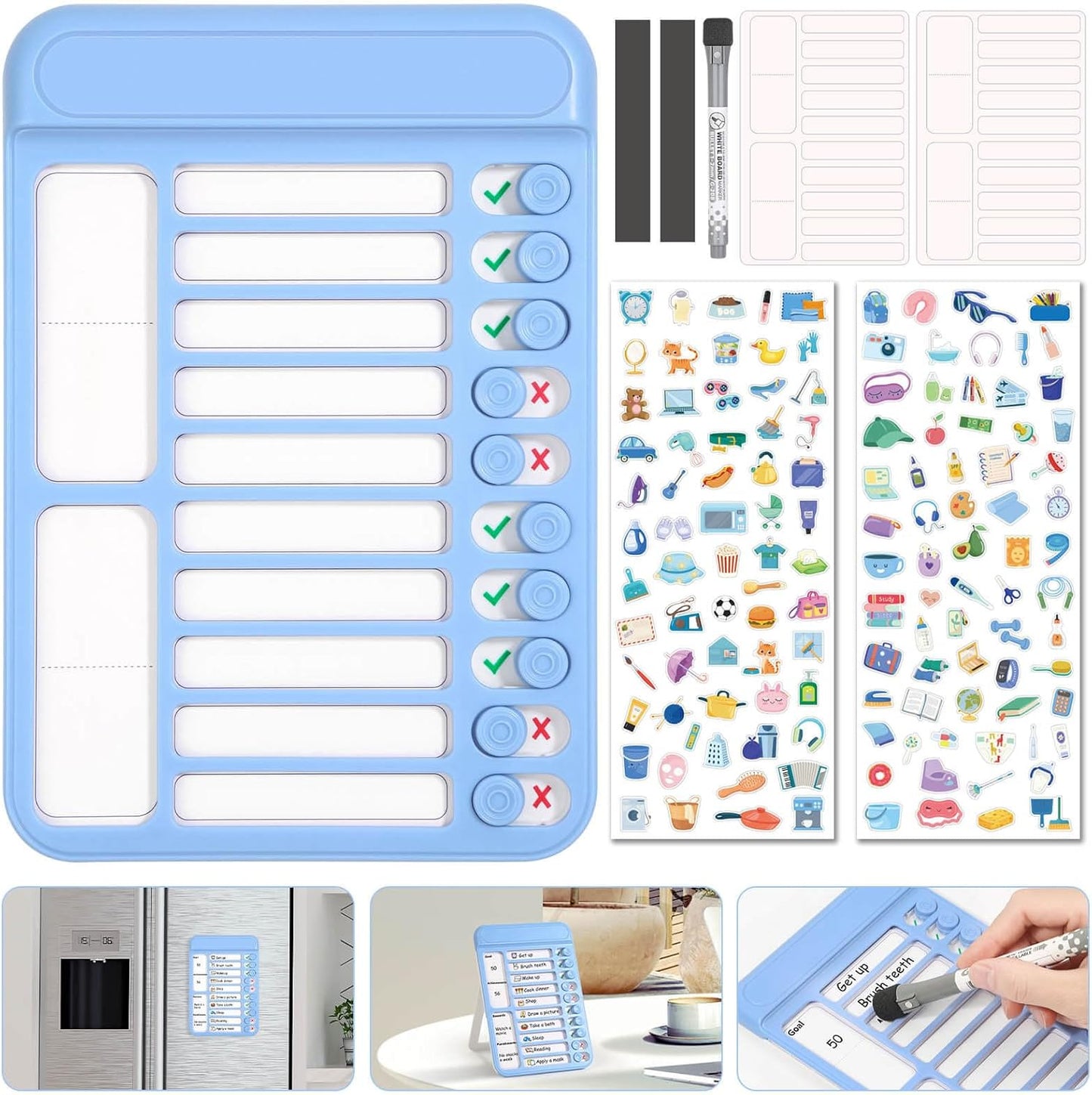 Audab Dry Erase Chore Chart for Kids, Magnetic Whiteboard Checklist Board, Chore Checklist Slider to Do List Board, Daily Routine Chart Schedule Board Task Tracker for Home Refrigerator, Wall, Desk