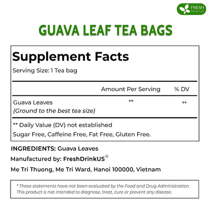 FreshDrinkUS, Premium 15 Guava Leaf Tea Bags, Handmade, 100% Natural and Pure. Guava Tea, Loose Leaf Herbal Tea. No Sugar/Caffeine/Gluten, Vegan.