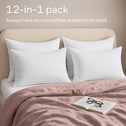 Ultra Soft Pillow Protectors with Zipper Standard Size - Set of 8 Breathable Pillow Covers - 100% Protection Against Stains, Dust & Dirt - Machine Washable (White)