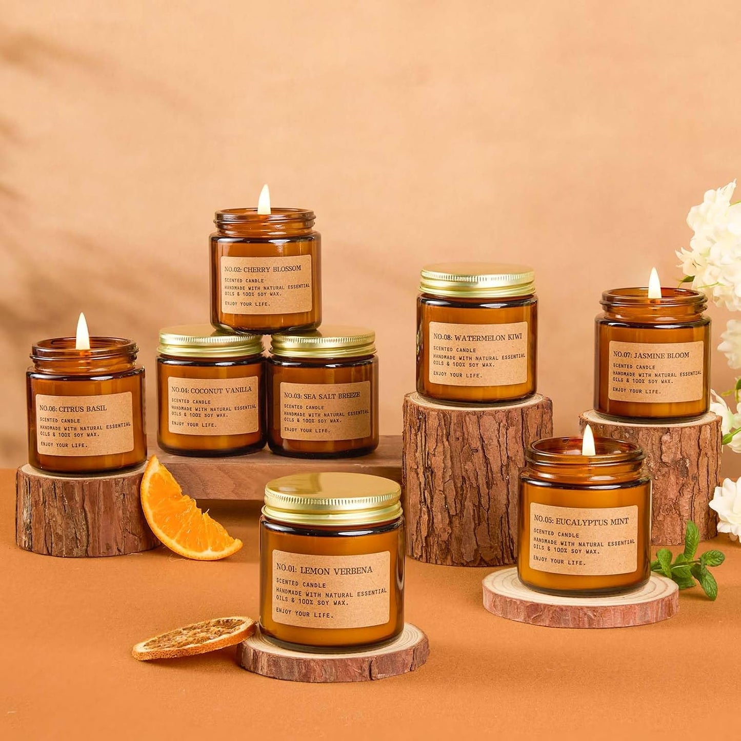 Scented Candles for Home,8 Pack Soy Wax Candle Set,Scented Candles Gift Set,Aromatherapy Candles, Amber Jar Vintage Apothecary Style, 8 Scents Gift Set