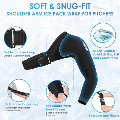ComfiTECH Shoulder Arm Ice Pack Wrap for Pitchers, Ice Arm Sleeve for Volleyball Player, Athletes, Flexible Cold Application for Throwing Recovery, Elbow Joint and Muscle Relaxation & Daily Use, Large