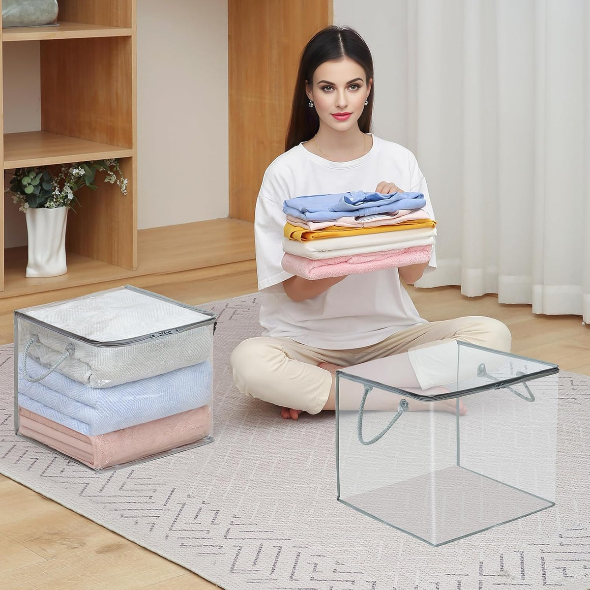10-Pack Clear Zippered Storage Bags with Handles, Two-Way Zipper Foldable Closet Organizer, Bed Sheet Organizer, Plastic Storage Bin for Clothes, Towels