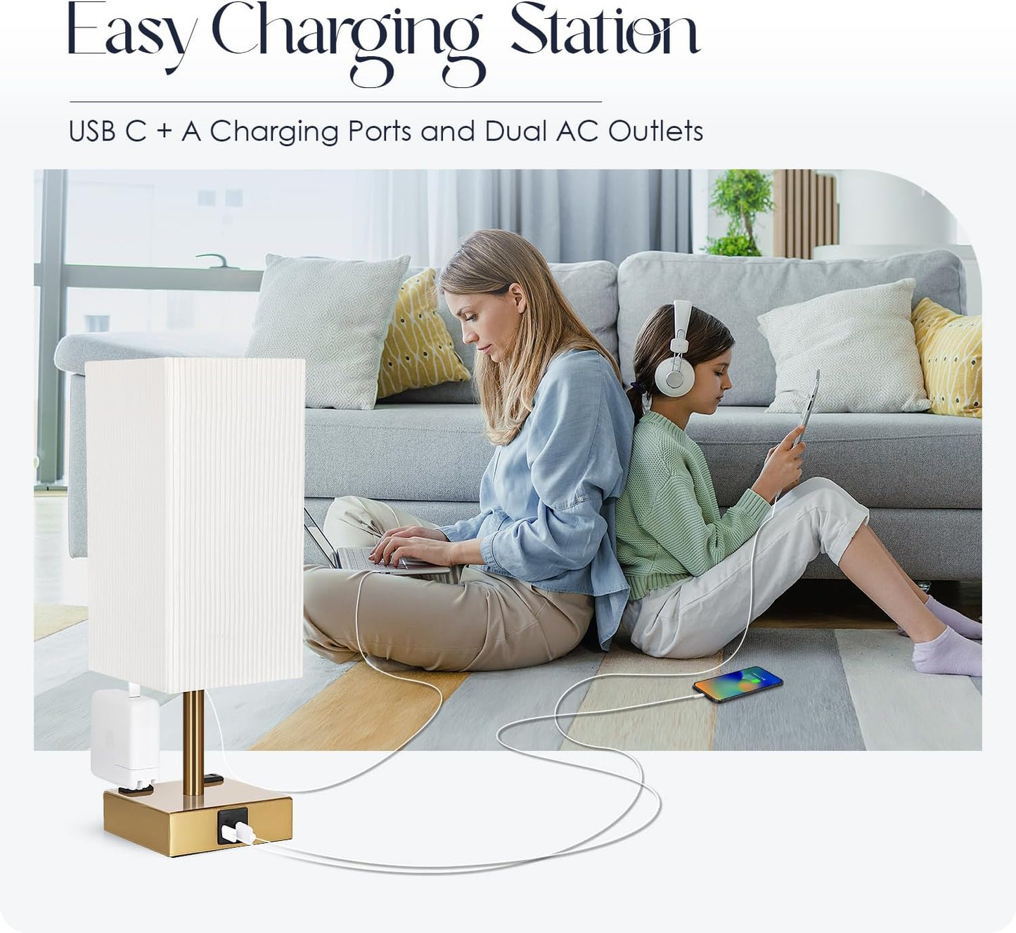 Bedside Table Lamp for Bedroom - Touch Small Lamp with USB C+A Charging Ports & AC Outlets, 3 Way Dimmable Nightstand Light for Living Room (LED Bulb Included, Grey)