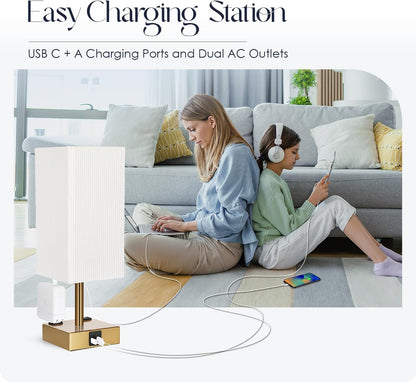 Bedside Table Lamp for Bedroom - Touch Small Lamp with USB C+A Charging Ports & AC Outlets, 3 Way Dimmable Nightstand Light for Living Room (LED Bulb Included, Grey)