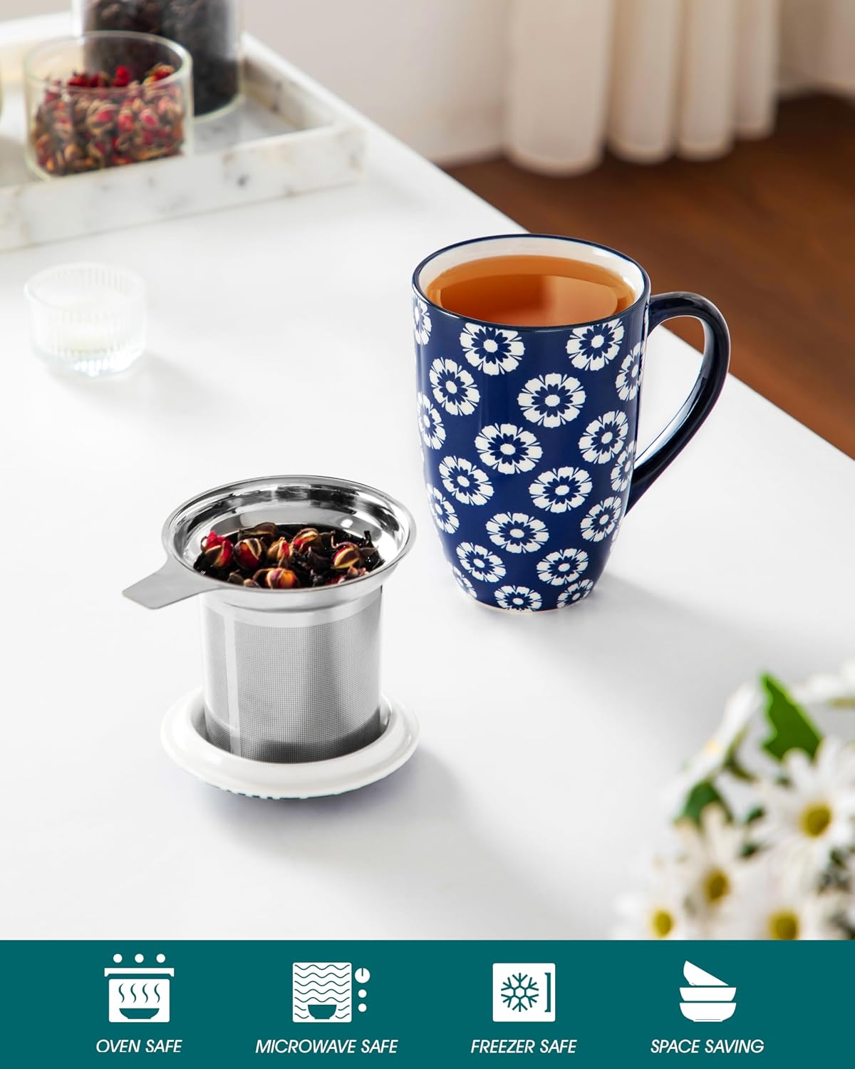 vancasso SELENE Porcelain Tea Mug, 18 oz Porcelain Tea Cup with Infuser and Lid Steeps Loose Leaf Tea, Microwave & Dishwasher Safe, Blossom Cluster