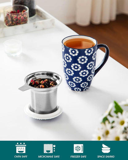 vancasso SELENE Porcelain Tea Mug, 18 oz Porcelain Tea Cup with Infuser and Lid Steeps Loose Leaf Tea, Microwave & Dishwasher Safe, Blossom Cluster