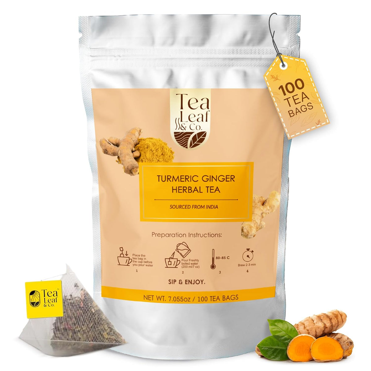 Turmeric Ginger Herbal Tea 200gm/7oz, Natural Herbal Infusion, 100 Tea Bags