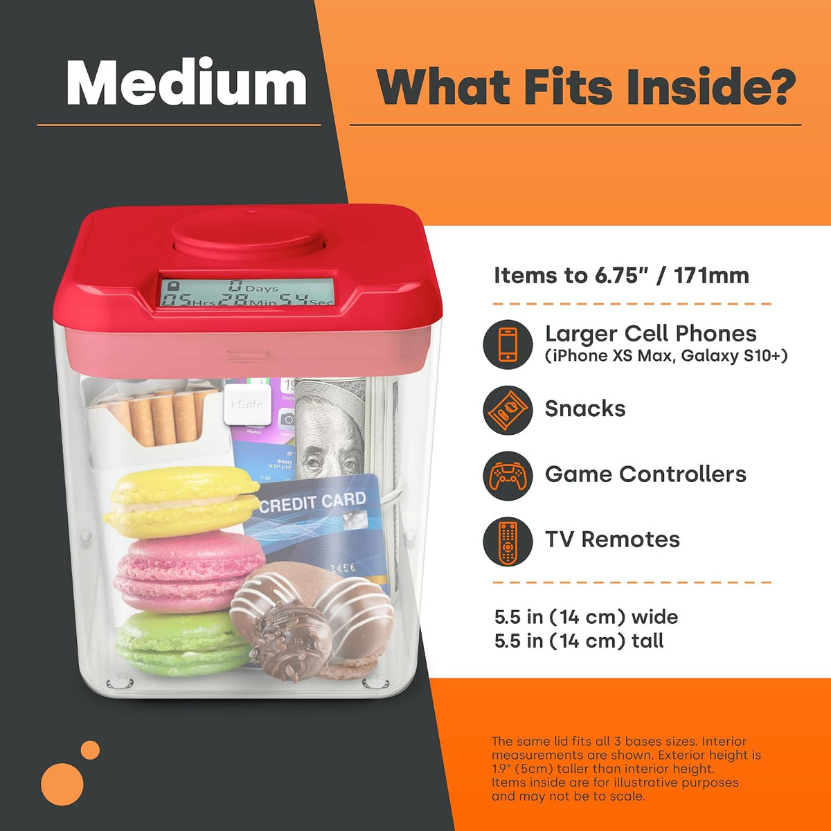 Kitchen Safe kSafe Time Locking Container, Medication Lock Box, Break Bad Habits - Quit Smoking, Snacking, Drinking & Gaming Addiction, Phone Jail, Family Time (Medium, White Lid + 5.5” Clear Base)