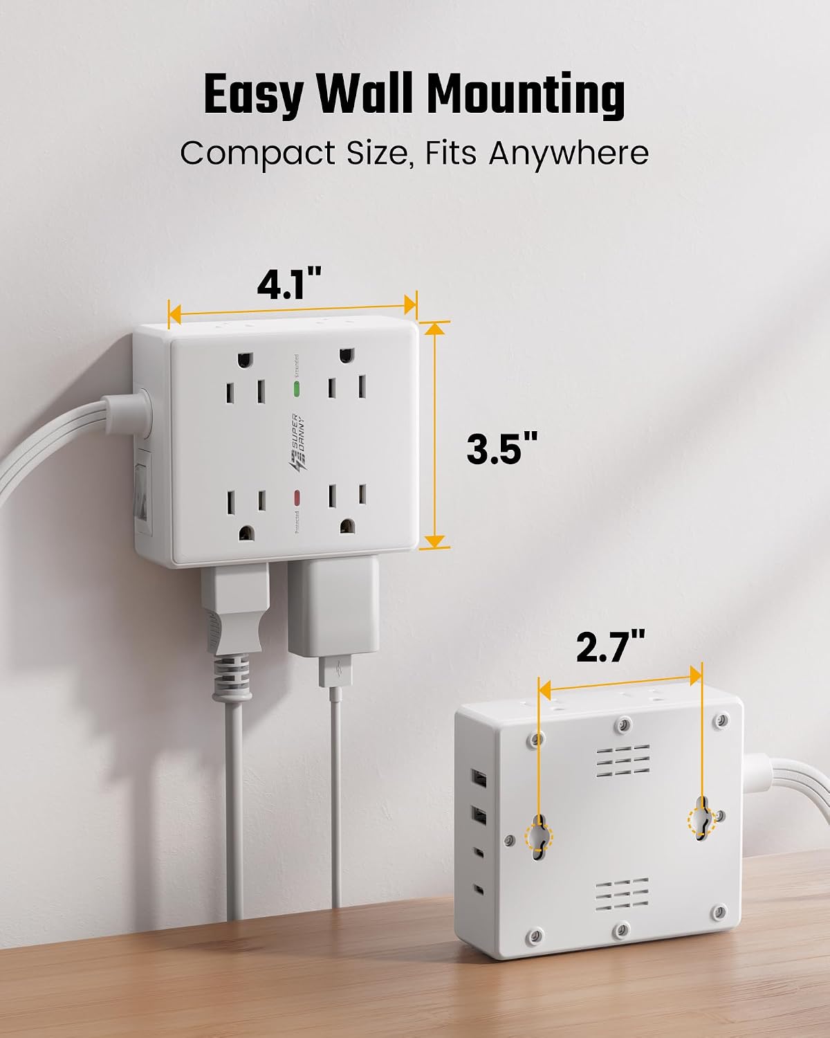 SUPERDANNY Extension Cord,Flat Plug Surge Protector Power Strip,10Ft