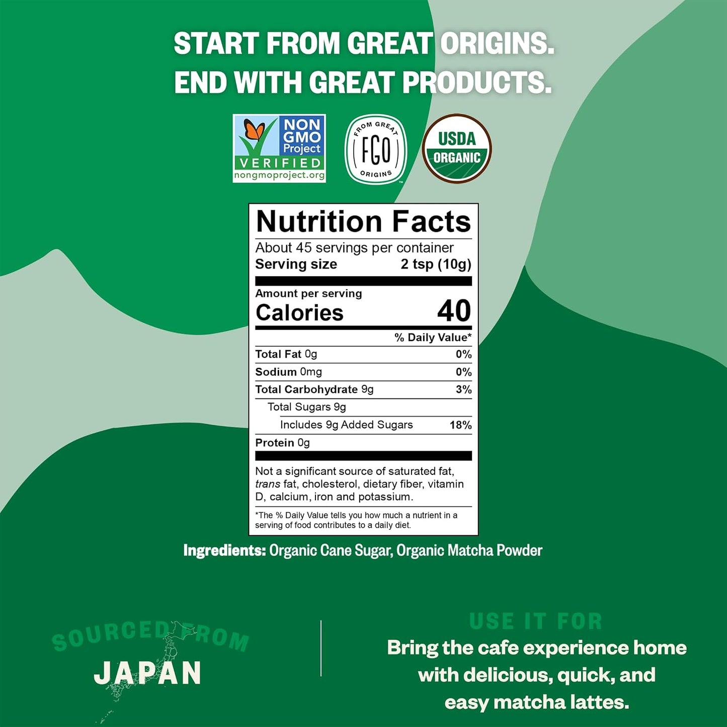 FGO Organic Matcha Latte Powder, 16 Ounce Bulk Resealable Bag, Japanese Matcha with Organic Cane Sugar, Lightly Sweetened, Packaging May Vary (Pack of 1)