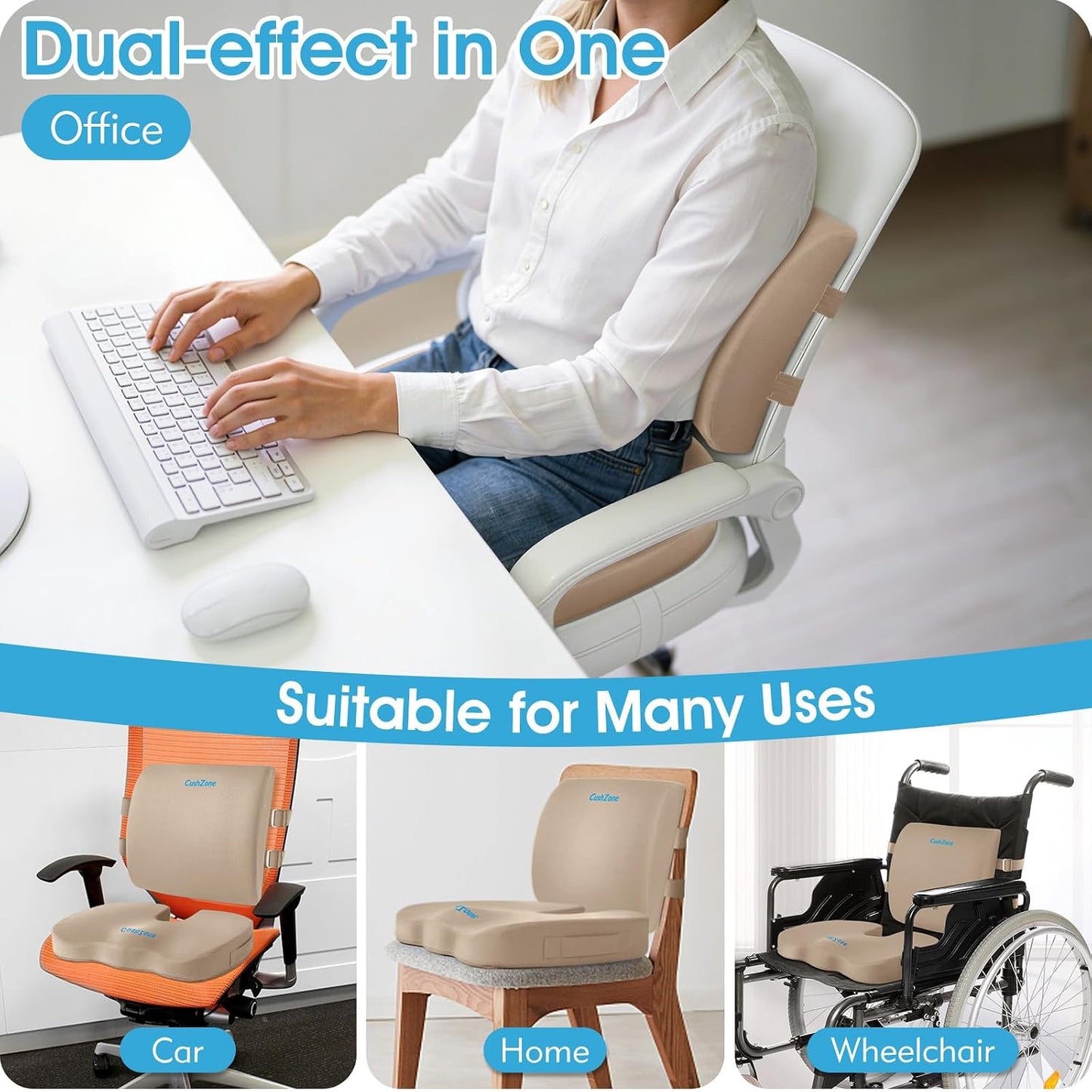 CushZone Ergonomic Seat Cushion & Lumbar Support Pillow - Memory Foam for Sciatica Pain Relief & Posture Correction, Non-Slip Chair Cushions for Office Chair/Car/Wheelchair/Travel (Black)