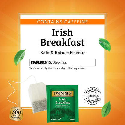 Twinings Irish Breakfast Black Tea Individually Wrapped Bags, 100 Count (Pack of 1), Flavourful, Bold, and Robust, Caffeinated, Enjoy Hot or Iced, 100 Teabags