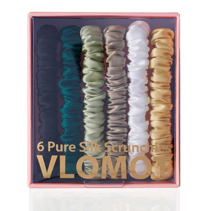 VLOMOT 6 Pcs Set 100% Pure Mulberry Silk Hair Scrunchies - 6 Chic Colors Everyday Skinny Scrunchies Silk Ponytail Holders - No Damage (Purple)