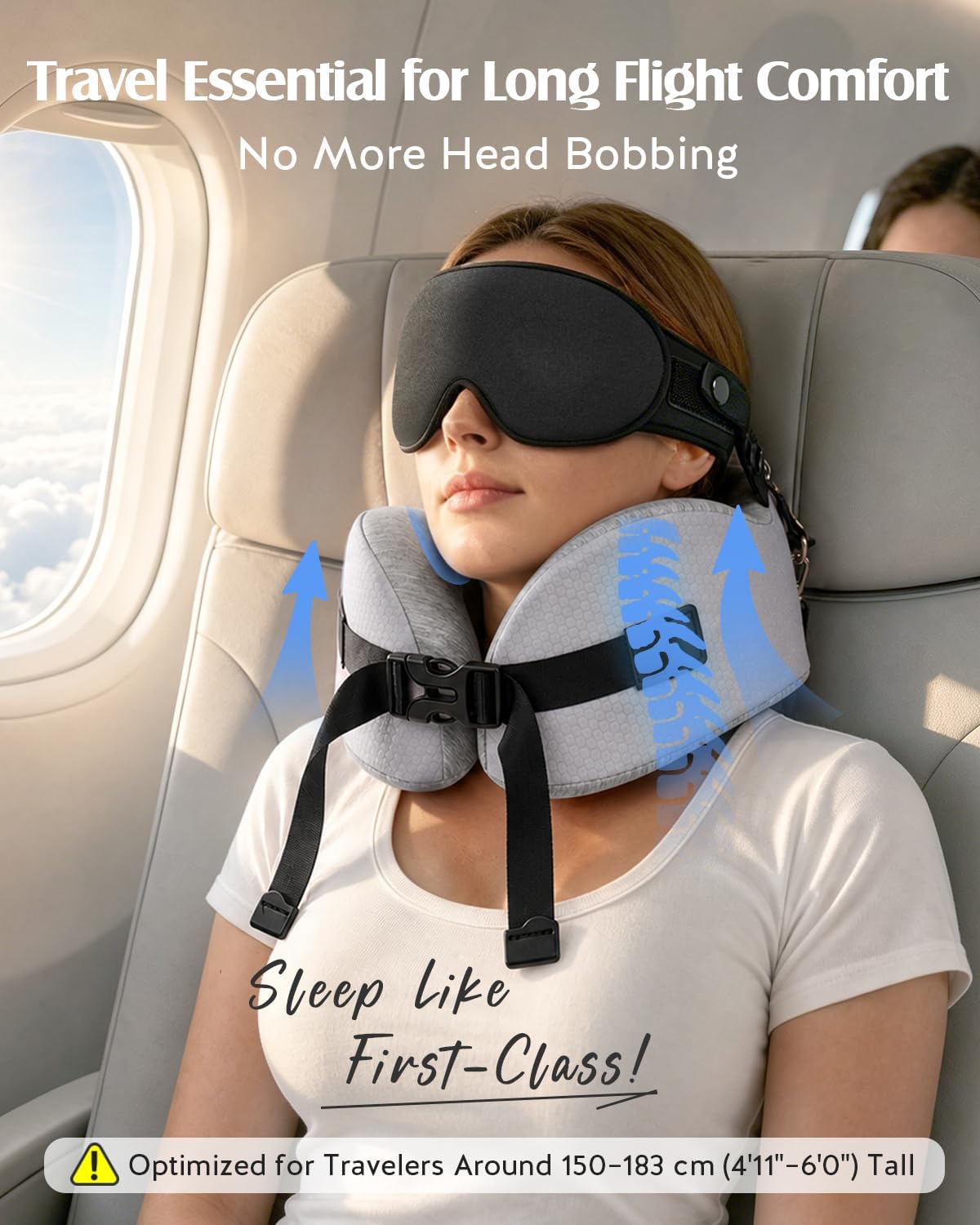 YFONG Travel Pillow for Long Flights, Patented 360° Ergonomic Sleeper Hold Head Support System with Memory Foam Neck Pillow & 3D Sleep Mask, Prevent Head Bobbing for Airplane & Road Trip, Pink