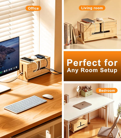 TiMOVO Cable Management Box, Bamboo Cord Organizer Box with Support Legs