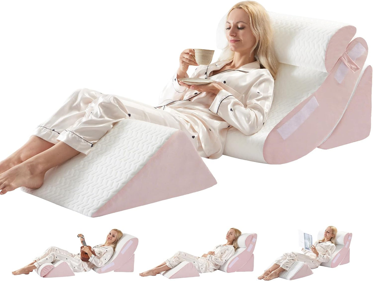 4PCS Orthopedic Bed Wedge Pillow Set for Sleeping, Post Surgery Foam Support Pillows for Back, Neck and Leg Pain Relief, Adjustable Triangle Pillow – Acid Reflux, GERD & Snoring Recovery, White Grey