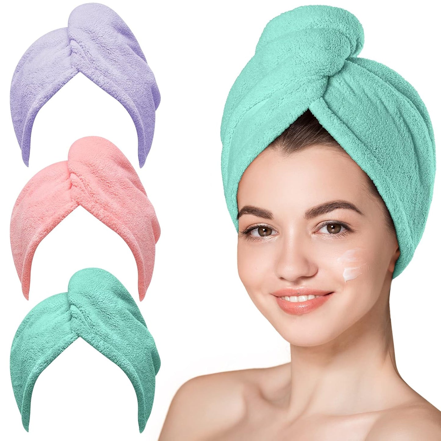 Hicober Microfiber Hair Towel Wrap, Fast Drying Hair Towels for Women, Soft Lightweight Quick Dry Turban for Curly & Long Hair–3 Pack(Blue/Grey/Pink)