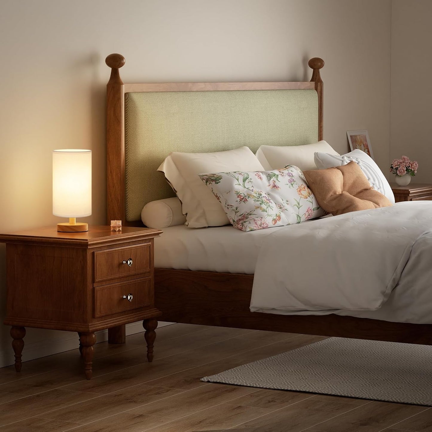 Fenmzee Small Table Lamp for Bedroom - Inline Control, Bedside Lamp with 3000K A15 LED Blub, Easy Assembly (Cream Shade - Wood Base, 9" Inline Control)