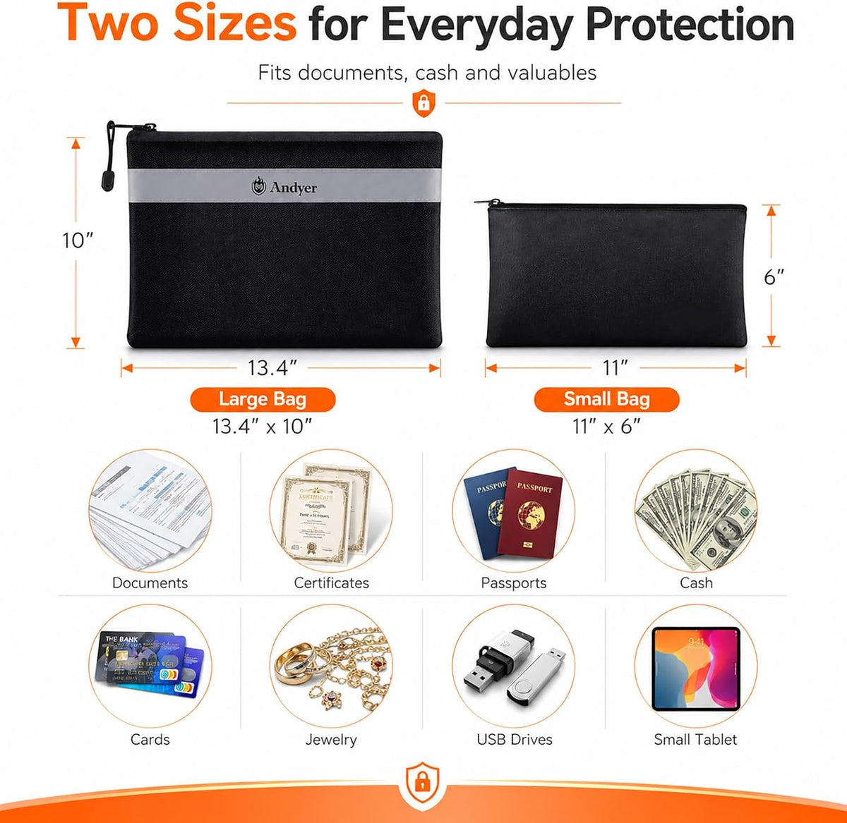 Andyer Fireproof Money Bag for Cash, 2 Pack Fire Proof Bag for Documents