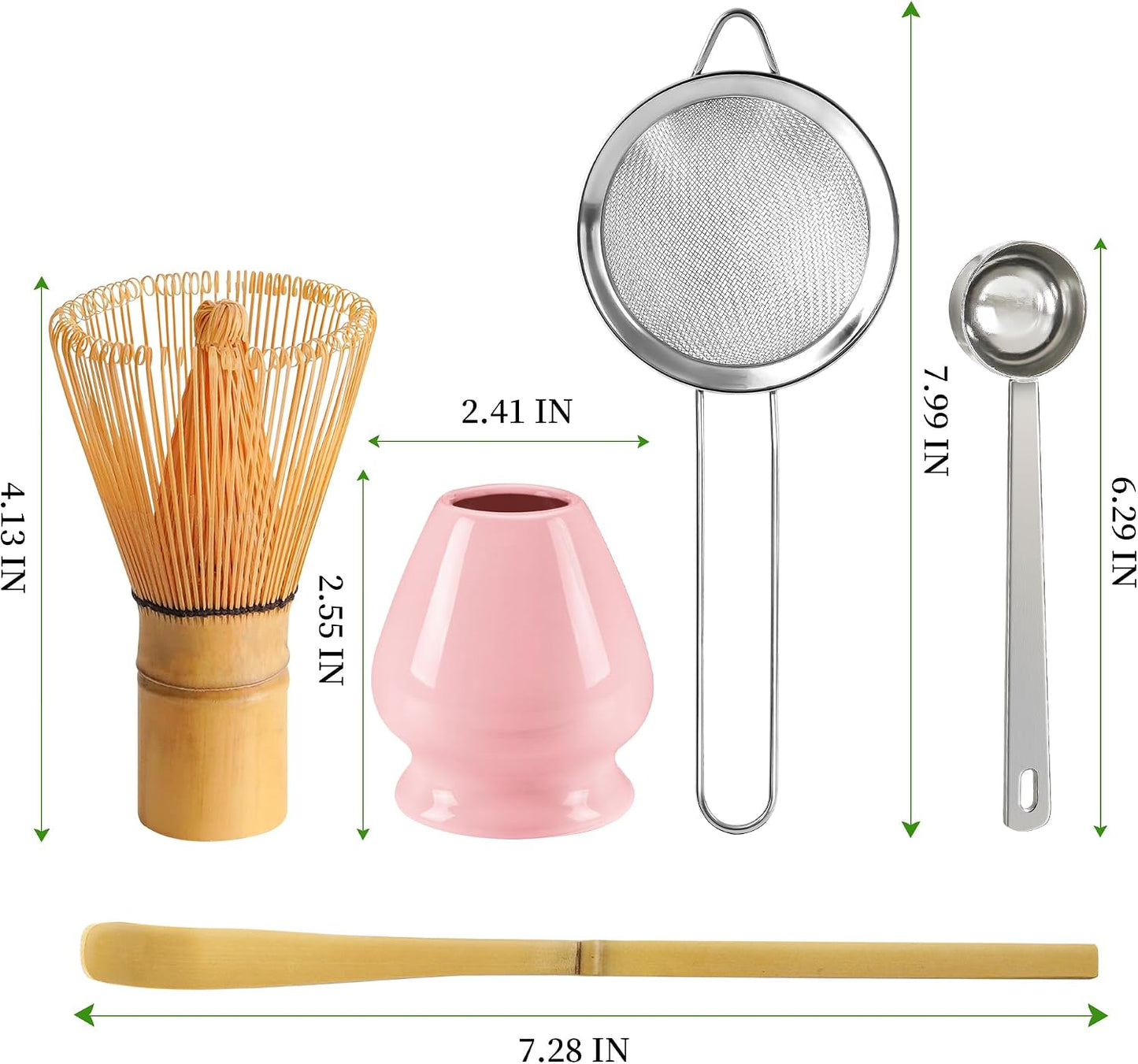 Matcha Whisk Set with Ceramic Bowl - Complete Matcha Making Kit, Bamboo Whisk (Chasen), Whisk Holder, Matcha Powder Sifter, Scoop, Japanese Tea Ceremony Tools（Green）