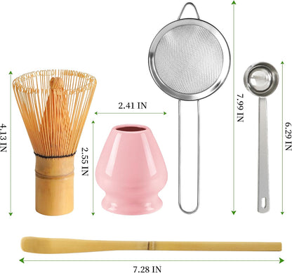 Matcha Whisk Set with Ceramic Bowl - Complete Matcha Making Kit, Bamboo Whisk (Chasen), Whisk Holder, Matcha Powder Sifter, Scoop, Japanese Tea Ceremony Tools（Green）