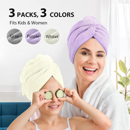 YFONG 3 Pack Microfiber Hair Towel Wrap for Women Girls, Super Absorbent Turban Towels for Drying Wet Hair, Anti Frizz Head Towels for Curly All Hair Style, Turbie Twist (Blue, Pink, White)
