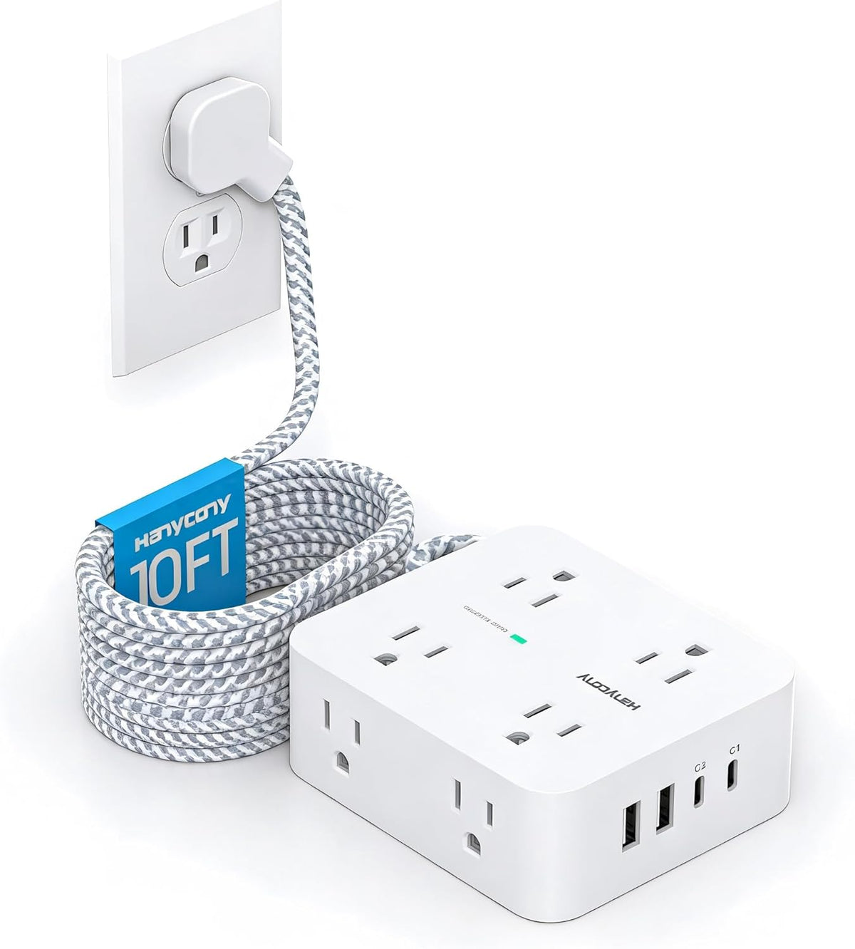 HANYCONY Surge Protector Power Strip, 1080J, 5 Ft Braided Extension Cord