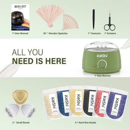 KeShi Waxing Kit, Painless Hair Removal Wax Warmer with 6 Bags Hard Wax Beans for Full Body, Legs, Face, Eyebrows & Bikini— Ideal for Both Women & Men