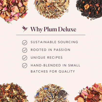 Loose Leaf Tea Sampler – 5 Caffeinated Blends Including Creme Brulee Earl Grey, Peach Oolong, Citrus Mint, Pecan and Floral Black – 75 to 100 Cups – Handcrafted in USA – Plum Deluxe
