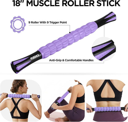 Muscle Roller Massage Roller Stick- Deep Tissue Fascia Blaster for Myofascial Pain Relief, Lymphatic Drainage & Body Sculpting, Handheld Physical Therapy & Recovery Tool (Pink black-18 inch)
