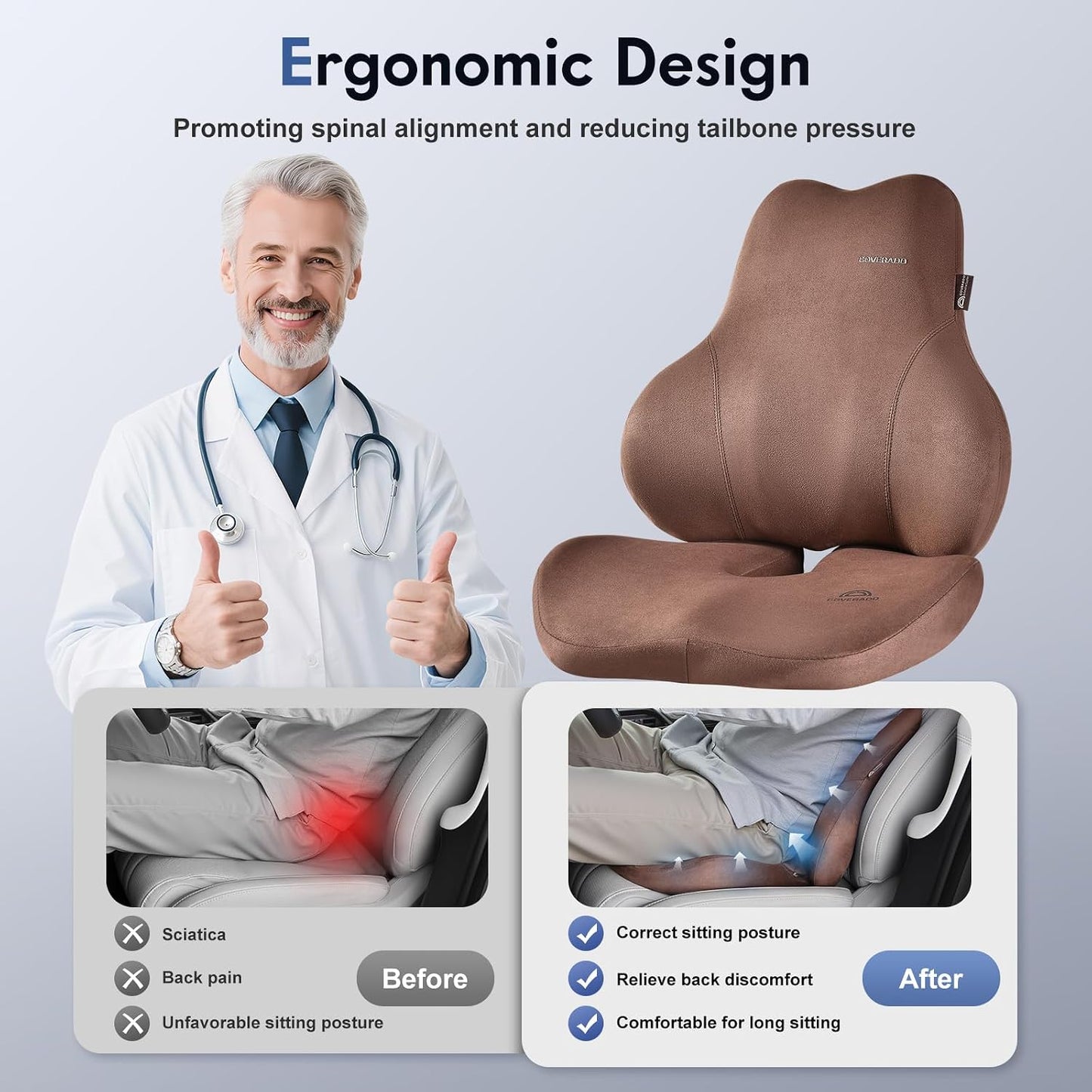 Coverado Car Lumbar Support Pillow and Car Neck Pillow Kit, Ergonomic Design Car Headrest Pillow for Driving, Relax Back Head Muscles Relieve Driving Fatigue, Breathable & Removable Cover, Gray