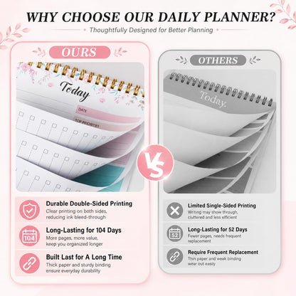 To Do List Notepad - Daily Planner Notepad 104 Pages Task Planner, 6.7" x 9.8" Double Sided Spiral Notebook with Checklist Productivity Planning Pad for Work Office Home-Pink