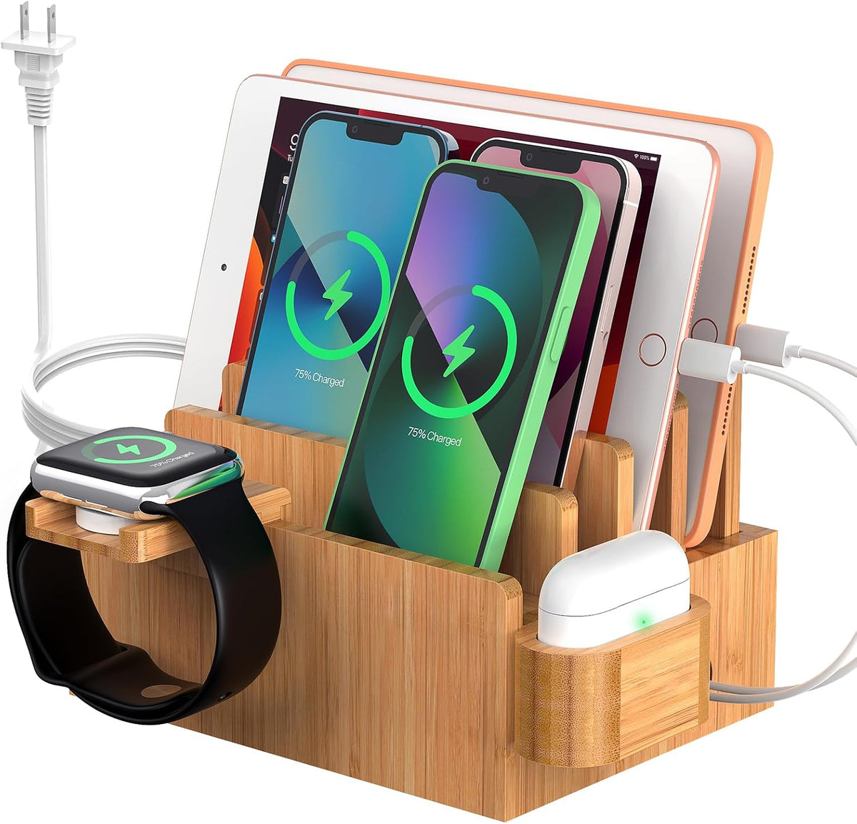 Pezin & Hulin Bamboo Charging Station for Phone, Watch&Earbud with 5 Cables